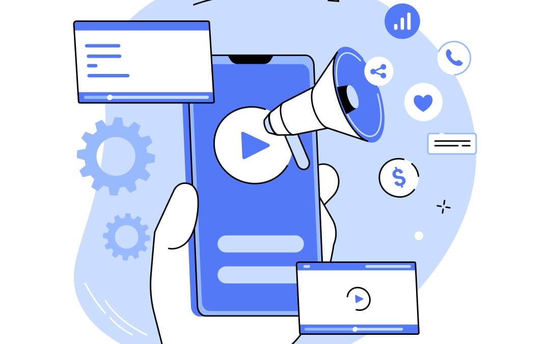 Hand holding smartphone with play button, megaphone, charts, and settings icons, symbolizing digital marketing.
