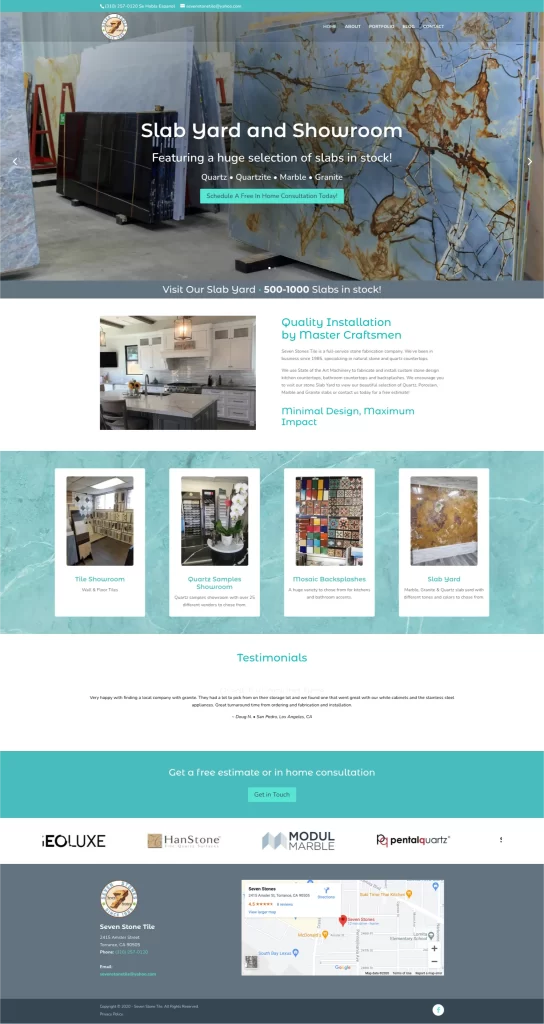 Screenshot of a website highlighting a slab yard and showroom, featuring stunning images of stone slabs alongside contact information. Perfect for showcasing your products with expert digital marketing strategies.