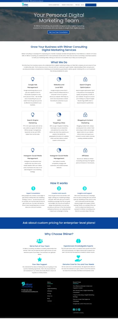 Infographic showcasing Shiner Consulting's digital marketing services, features, and contact information on a webpage.