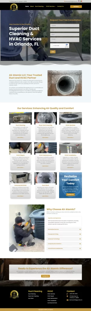 Explore Air Atomics' website layout, highlighting duct cleaning services, benefits, and customer testimonials. Discover how effective digital marketing strategies elevate our offerings and connect us with satisfied clients.