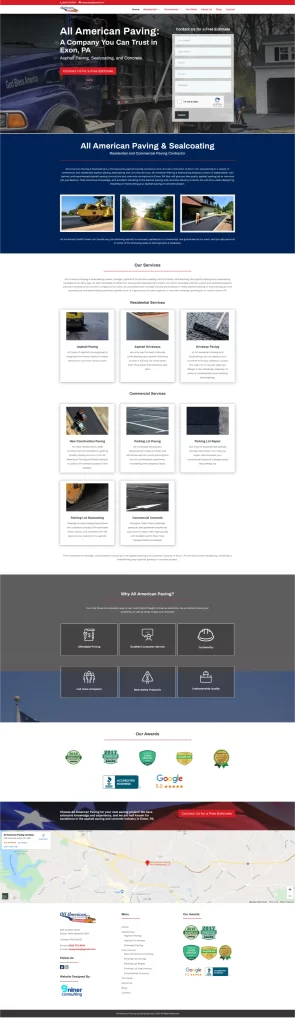 Screenshot of a paving company website highlighting their services, testimonials, contact form, and map location—a great example of effective digital marketing.