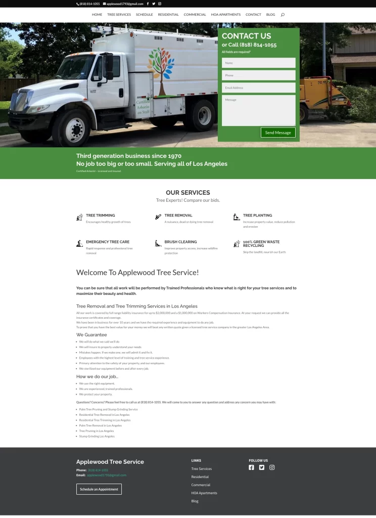 Ceemi Agency's tree service website features a striking truck image, an easy-to-use contact form, and a comprehensive list of services like tree trimming and removal in Los Angeles. Take advantage of our exclusive digital marketing dealership opportunities to elevate your business presence.