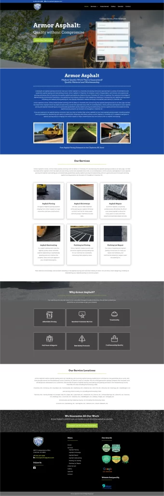 Screenshot of a website for Armor Asphalt, crafted with expertise by Ceemi Agency, showcasing their services. The page highlights images of asphalt work alongside essential contact information, blending craftsmanship with digital marketing finesse.