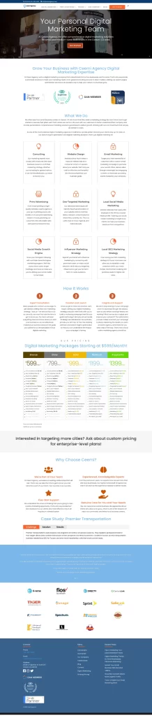 Explore the Ceemi Agency webpage featuring comprehensive marketing services, competitive pricing plans, glowing testimonials, and logos of our esteemed partner companies. Dive into the digital marketing dealership that drives your brand's success.