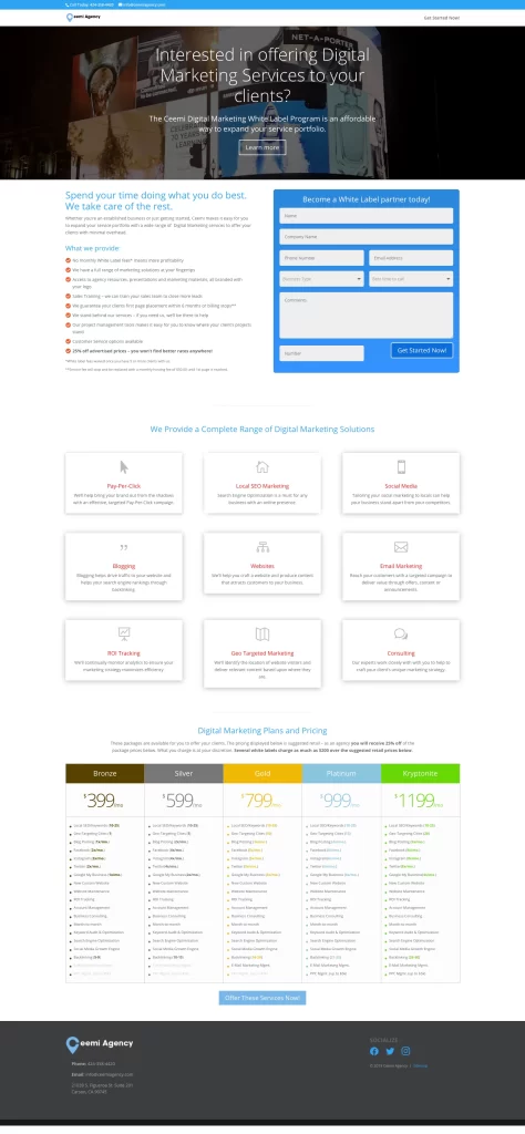 Screenshot of Ceemi Agency's website showcasing digital marketing service plans, pricing, and an easy-to-use contact form.