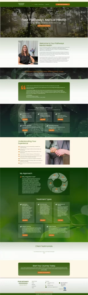 Welcome to Fear Pathways Mental Health. Our website homepage highlights our comprehensive services, along with therapist images and detailed treatment information. Discover how we integrate digital marketing strategies to effectively connect you with the care you need.