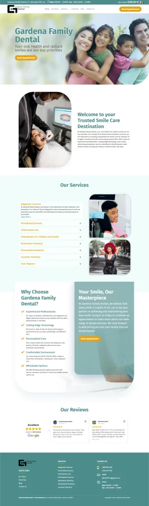 Discover the Gardena Family Dental website, featuring a smiling family, a comprehensive list of services, and glowing testimonials for exceptional dental care. Powered by Ceemi Agency's digital marketing expertise, we ensure your smile gets the attention it deserves.