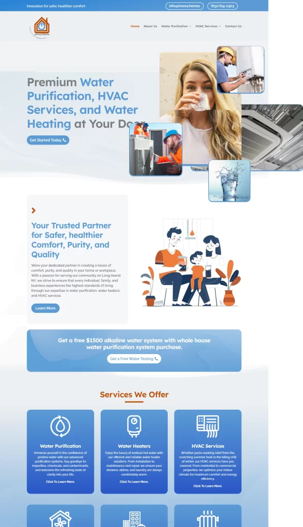 Explore our website homepage for top-notch water purification and HVAC services, featuring vibrant imagery and detailed service overviews. Partner with Ceemi Agency to experience seamless marketing that elevates your dealership to new heights.