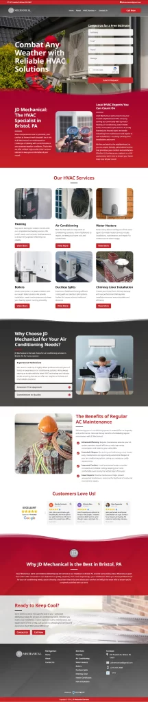 Screenshot of JD Mechanical's webpage, expertly crafted by Ceemi Agency, showcasing HVAC services, benefits, customer reviews, and contact information.