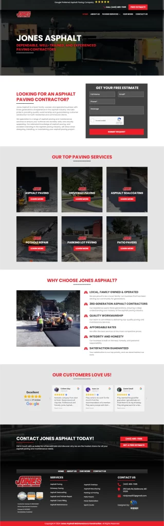Screenshot of a website for Jones Asphalt, showcasing their paving services and contact information. Built by Ceemi Agency, this digital marketing effort highlights their commitment to quality and customer satisfaction.
