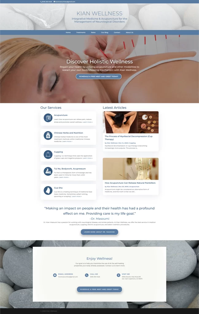 Explore Kian Wellness, a haven for acupuncture and holistic services. Our website showcases serene spa images, insightful wellness articles, and integrates cutting-edge digital marketing strategies to enhance your experience.
