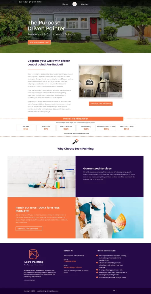 The screenshot of a painting service website features a sleek header image, detailed service offerings, transparent pricing, and easy-to-find contact information. This site could serve as inspiration for Ceemi Agency's marketing strategy or digital marketing dealership setup.