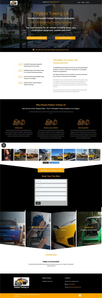 Screenshot of Payless Towing LA's website, expertly crafted by Ceemi Agency, showcasing services, offers, testimonials, and contact info.