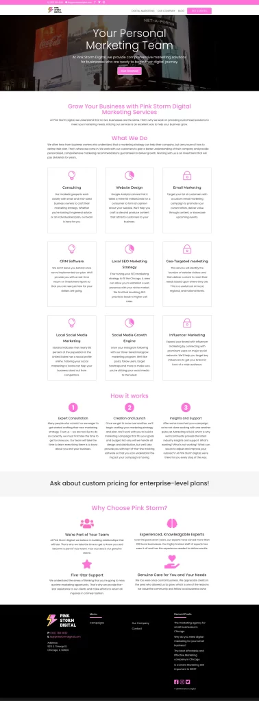 Pink Storm Digital marketing webpage, in tandem with Ceemi Agency strategies, offers an elegant layout featuring services, pricing, and contact details.