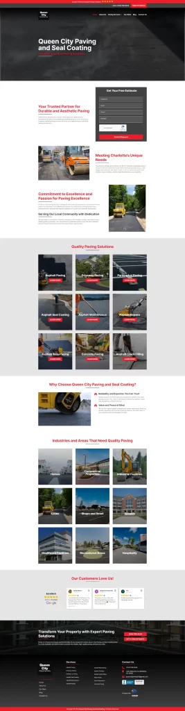 A screenshot of a paving and seal coating company's website showcases images of paving machinery alongside customer testimonials. This site effectively utilizes digital marketing to highlight quality services, ensuring their dealership stands out in the competitive industry.