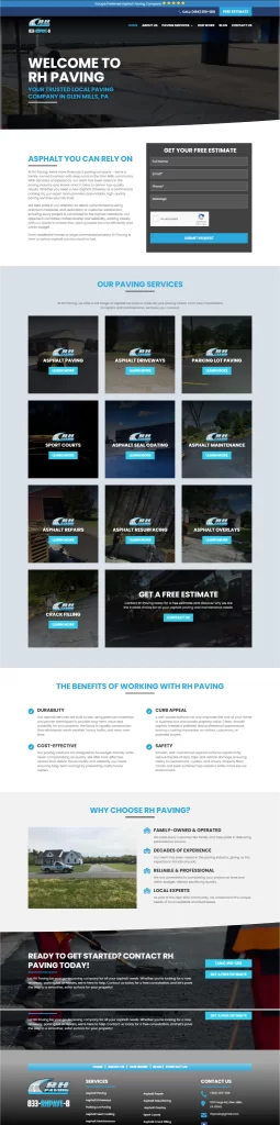 Explore the RH Paving homepage, featuring our expertly crafted services and easy-to-access contact information. With a structured layout, we showcase our dedication to quality, ensuring every detail paves the way to success—an approach that rivals even top-tier digital marketing strategies.