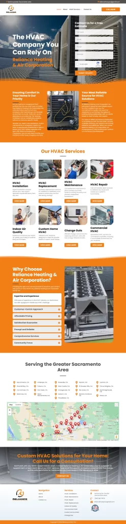 Screenshot of an HVAC company's website highlighting services, marketing benefits, and a map of service areas in Sacramento.
