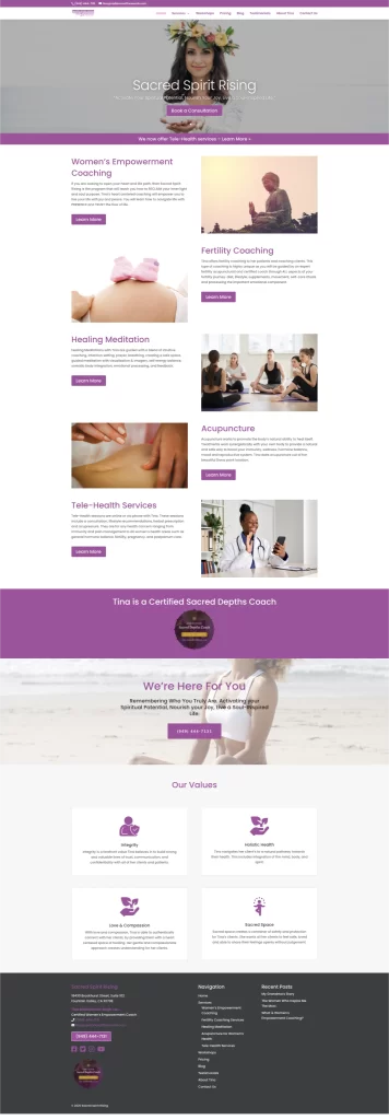 Screenshot of a wellness website offering coaching, meditation, acupuncture, and telehealth services. Discover how our integrated digital marketing approach enhances your online experience and connects you to the best in wellness expertise.