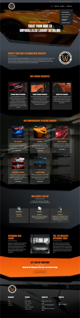 Explore our car detailing service website featuring comprehensive sections on services, benefits, and customer testimonials. Partnered with Ceemi Agency for top-notch digital marketing strategies, we ensure your vehicle shines both inside and out.