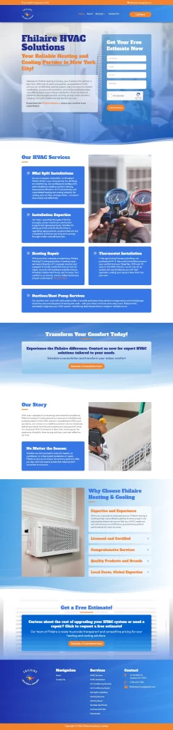 Discover Philaire HVAC Solutions' website, featuring service details and a convenient contact form. With a blue and white theme, rich with HVAC imagery, this digital marketing platform elevates your experience while ensuring seamless communication with our team.
