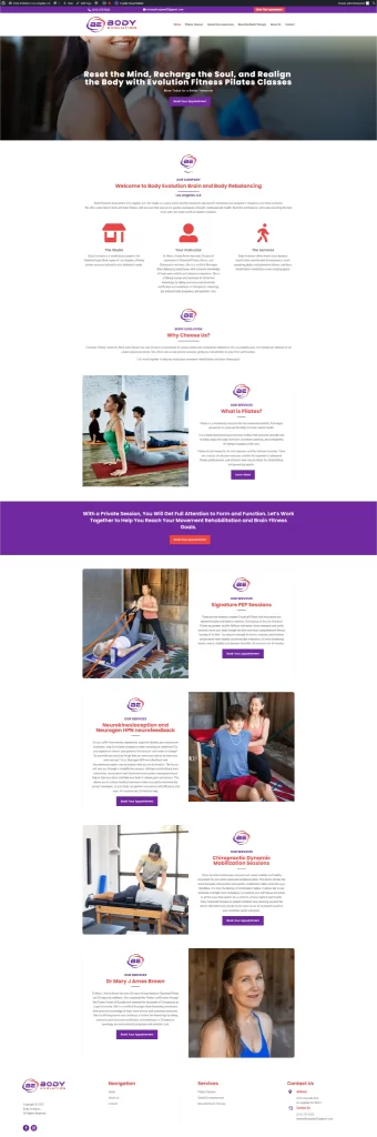 Screenshot of a website promoting body-focused practices, featuring information sections and images of people exercising, seamlessly integrating elements of digital marketing to enhance user engagement and visibility.