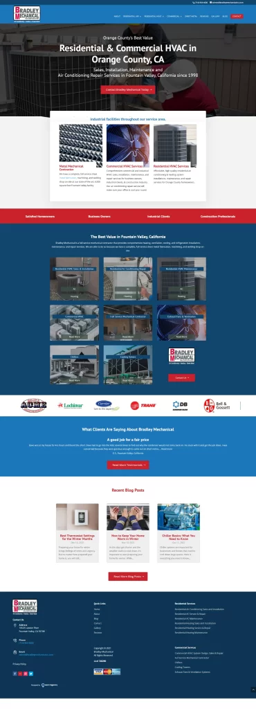 Screenshot of a homepage for an HVAC company in Orange County, CA, designed by Ceemi Agency, featuring services, testimonials, and contact info.