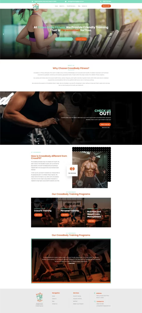 Fitness website screenshot featuring gym images, training programs, testimonials, and navigation links, crafted by Ceemi Agency. A perfect digital marketing dealership for those seeking a well-rounded approach to health and wellness.
