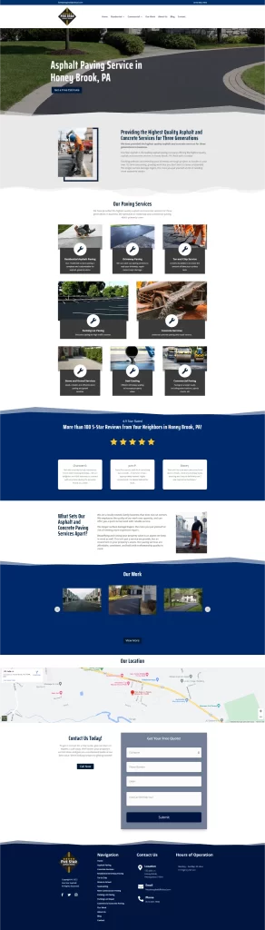 Explore our website homepage for top-notch asphalt paving services in Honey Brook, PA. Discover our service listings and essential contact information, all enhanced by our strategic digital marketing expertise to drive your projects forward efficiently.