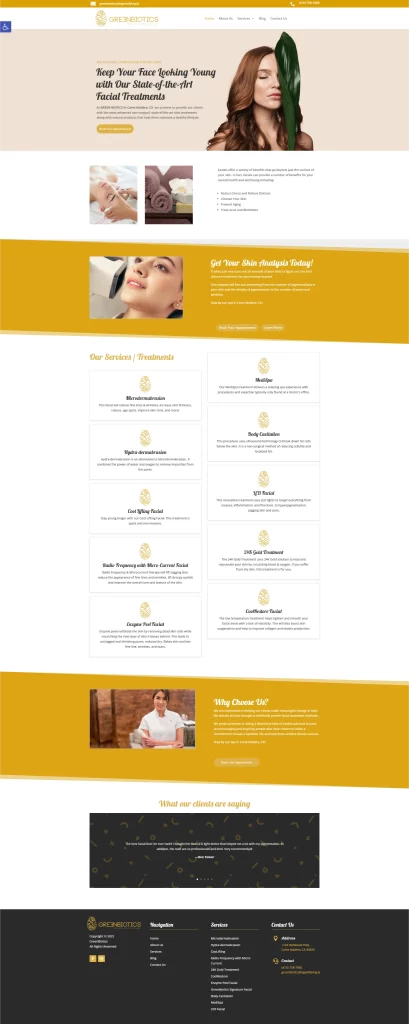 Screenshot of a beauty clinic's website, expertly crafted with the help of Ceemi Agency, showcasing services, glowing client testimonials, and essential contact information.
