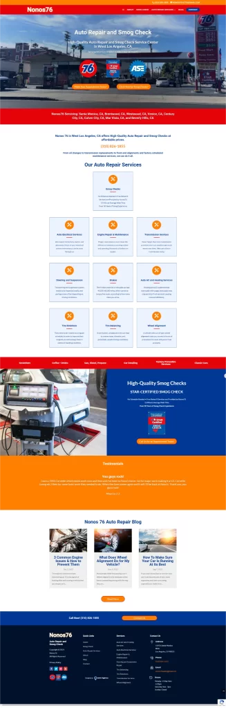 Screenshot of the Nono's 76 website, expertly designed by Ceemi Agency, showcasing auto repair and smog check services alongside contact info and glowing testimonials.