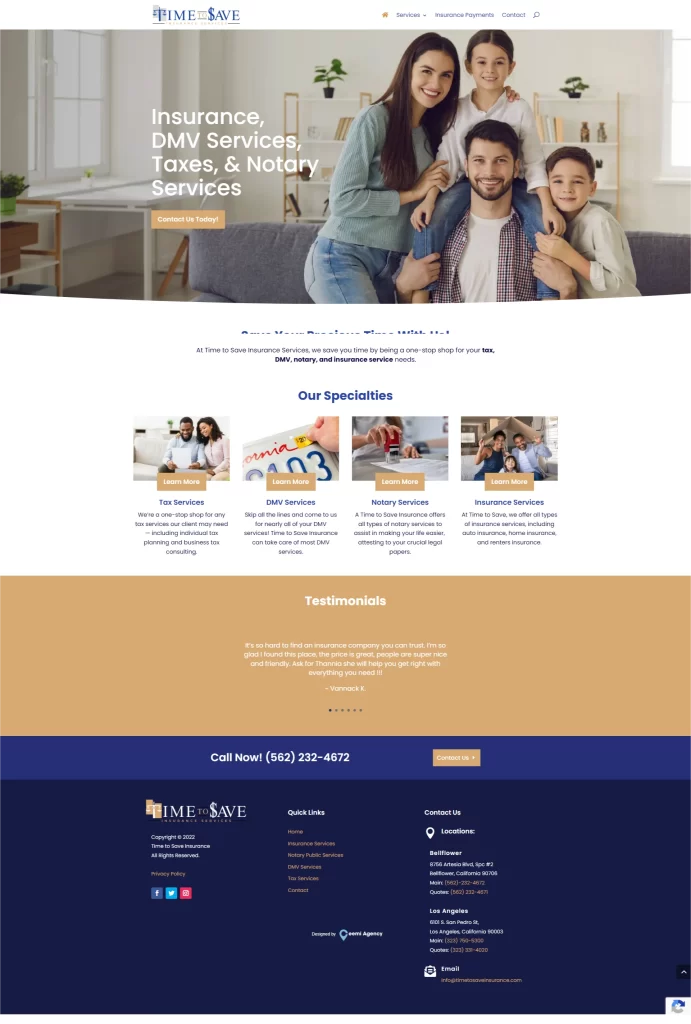 Family smiling on a couch above text highlighting insurance, DMV, and tax services. Discover how our digital marketing strategies enhance your experience. Contact info and testimonials below.