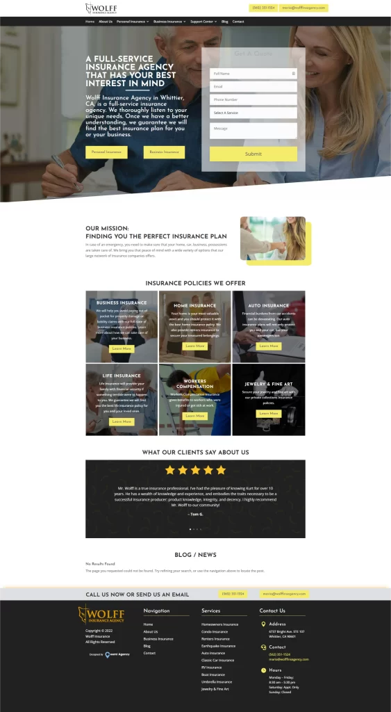 Discover the Wolfe Insurance website, expertly designed by Ceemi Agency, offering comprehensive services like health, auto, and home insurance. Explore our client testimonials and learn how Digital Marketing enhances our customer experience.