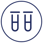 Two stylized, smiling faces side by side inside a blue circle with a white background.