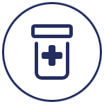 Blue stethoscope icon with a medical cross in the center, on a white circular background.