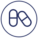Icon of two overlapping capsules inside a dark blue circle with a white background.