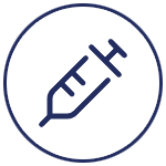 Dark blue icon of a syringe with a needle, inside a white circle with a dark blue border.